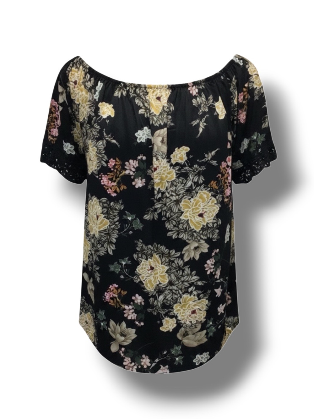 Stem & Vine Womens Plus Off-the-Shoulder Lace Embellished Blouse Black Floral 2X